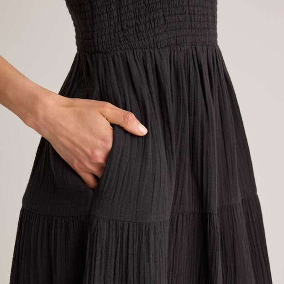 NWT! Quince Black 100% Organic Cotton Gauze Smocked Sleeveless Maxi Dress, Large - Picture 5 of 12